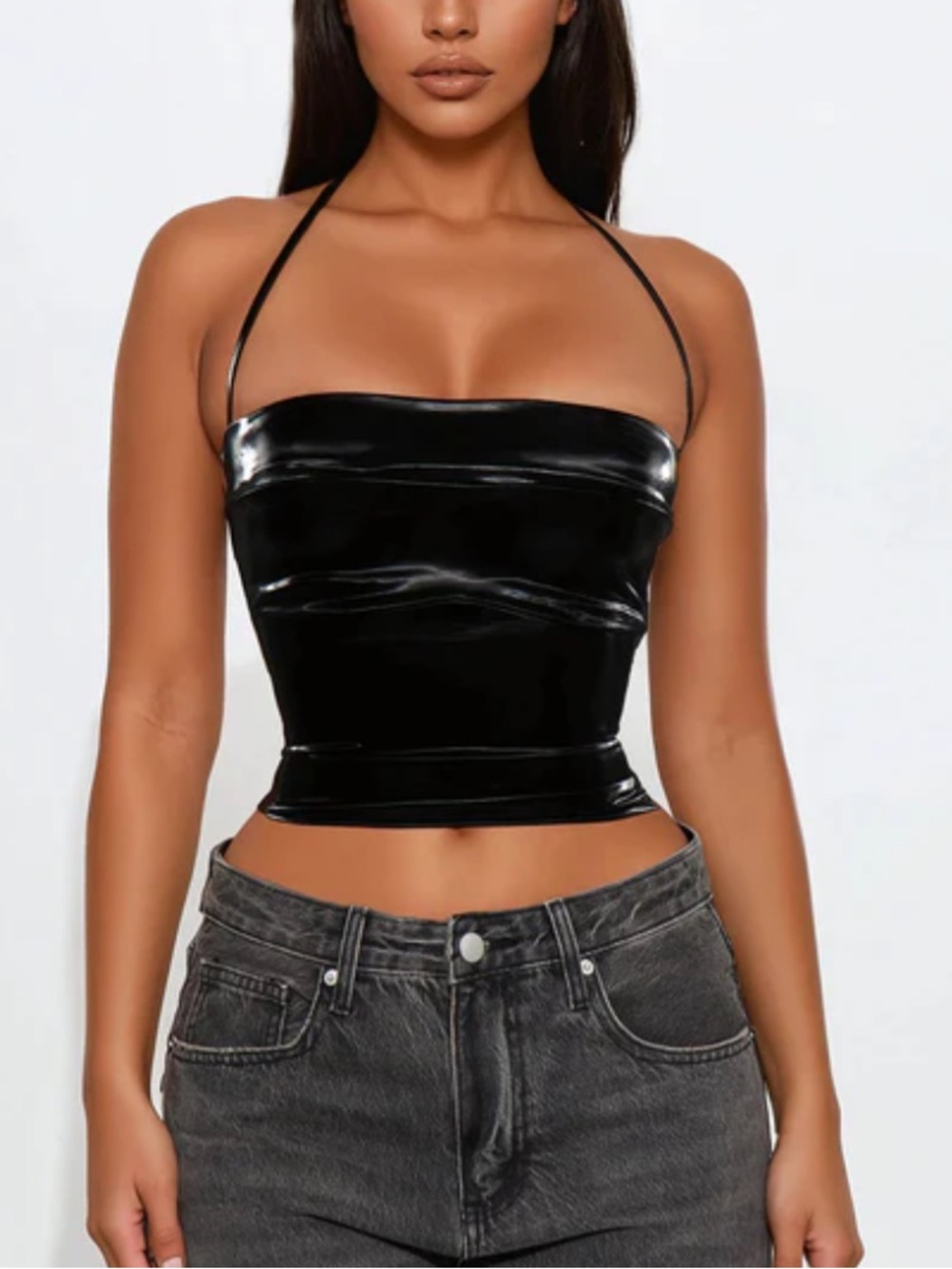 Black Backless Halter Top - Sleek Faux Leather Tank